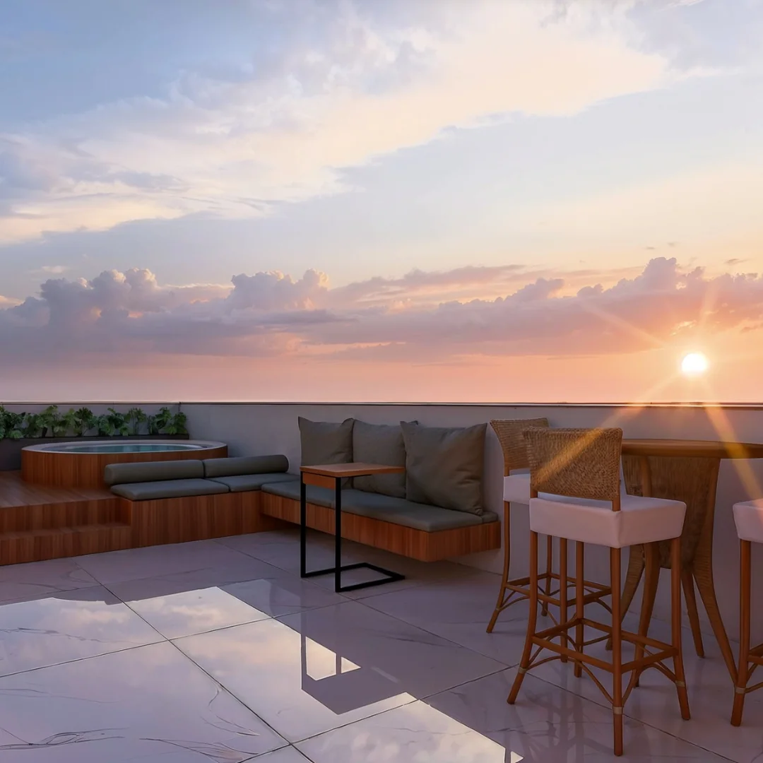 Terraço com hidromassagem, no padrão Morais & Carvalho · perspectiva