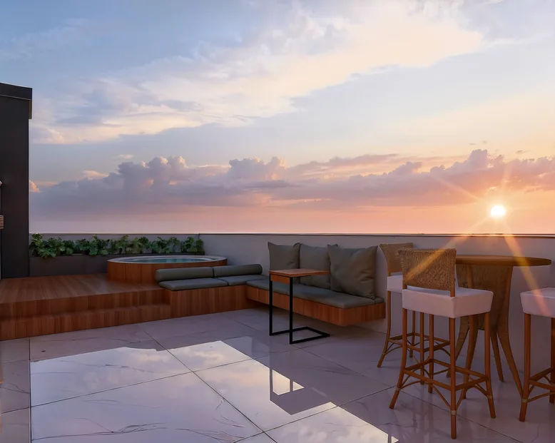 Terraço com hidromassagem ao pôr do sol · perspectiva do projeto