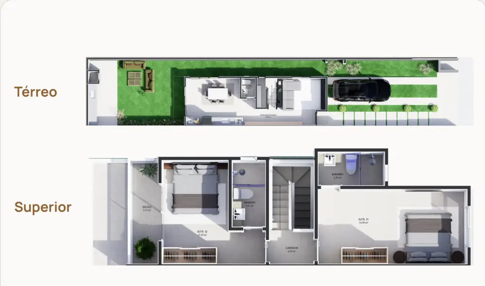 Sobrado 01 · térreo e superior · sala mais ampla, 2 suítes